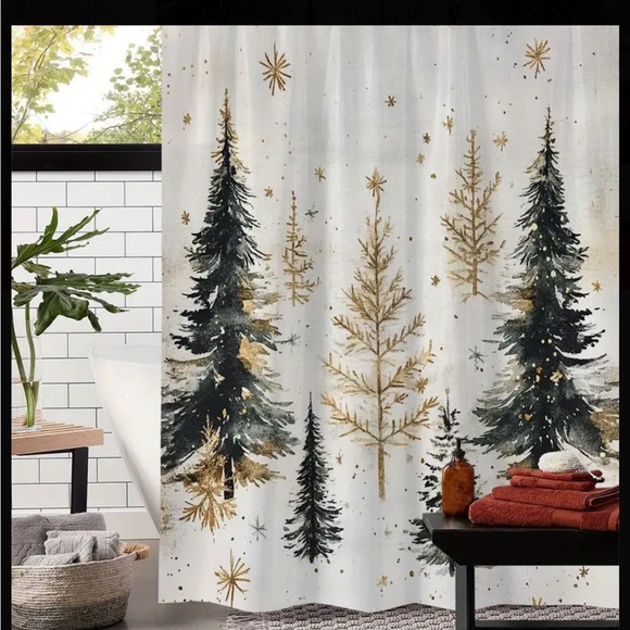 Winter Christmas pine tree waterproof shower curtain - Picture 2 of 6